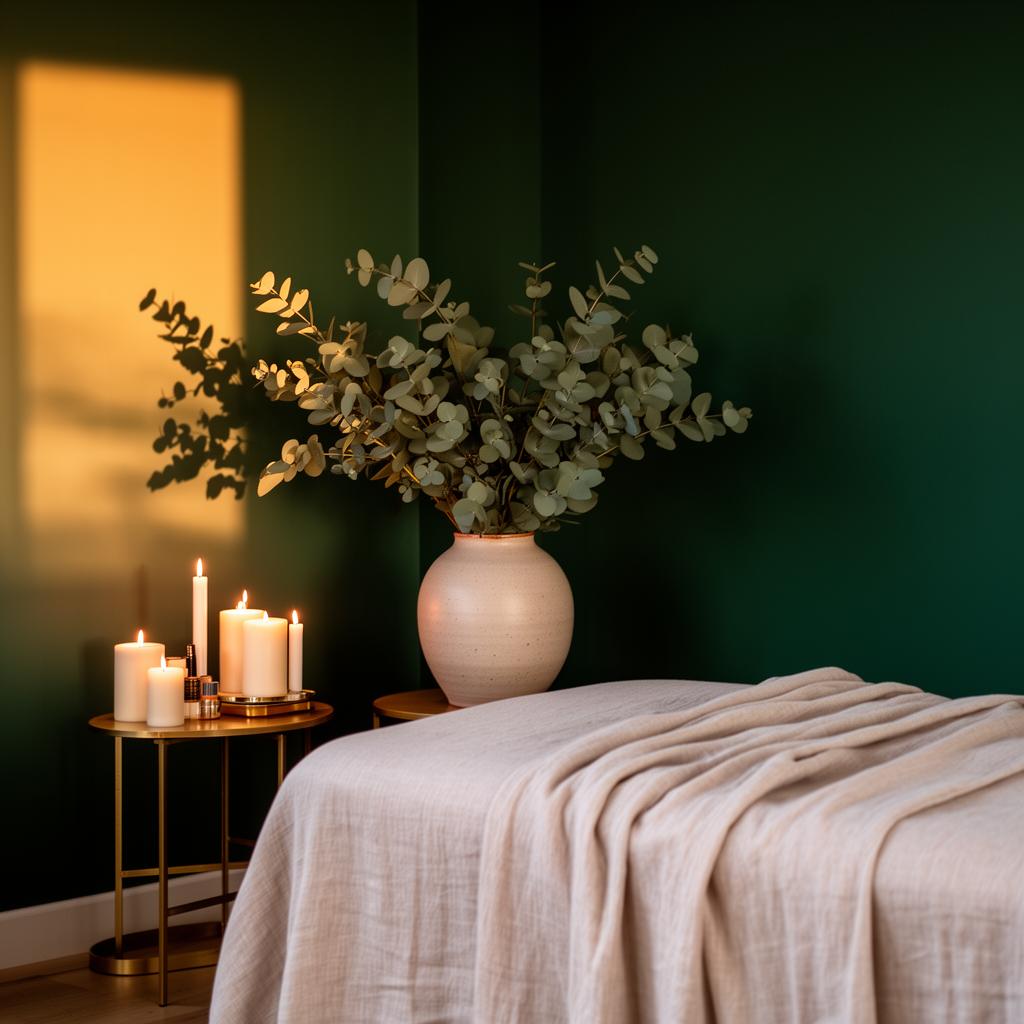 Candlelit healing studio with eucalyptus