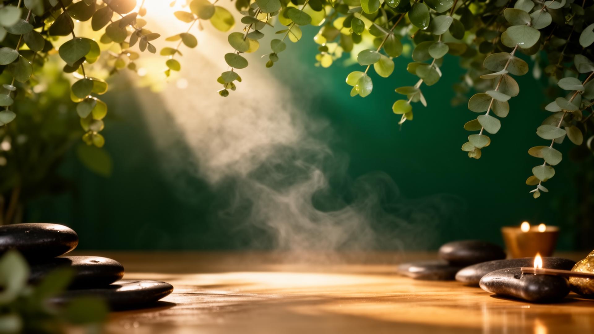 Serene healing space with soft light through eucalyptus