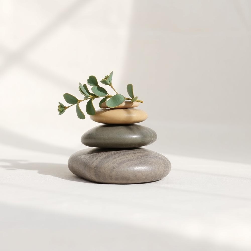 Balanced stones with eucalyptus